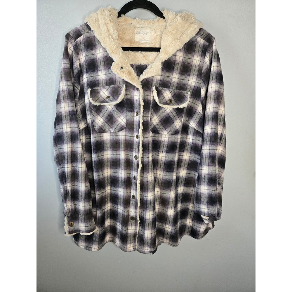 White Crow Plaid Sherpa Jacket‎ 2X Hooded Flannel Lined Cozy Oversized Shacket